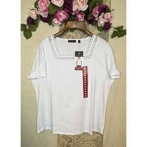 Rafaella Shirt Womens XL White Short Sleeve Top Crochet Trim Blouse Lightweight
